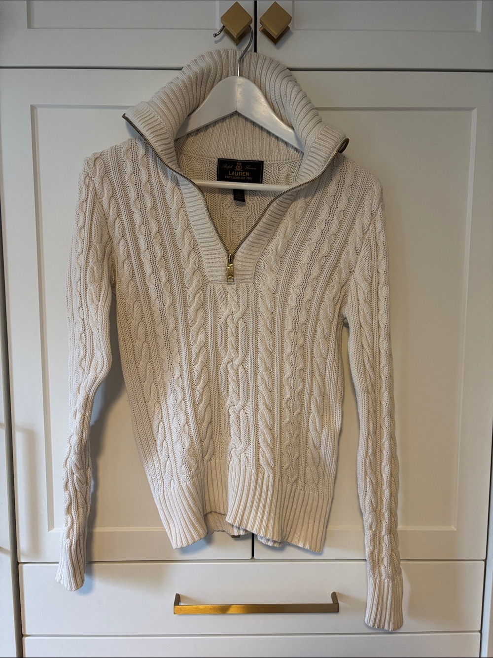 Ralph Lauren Cream Cable-Knit Half-Zip Turtleneck Sweater